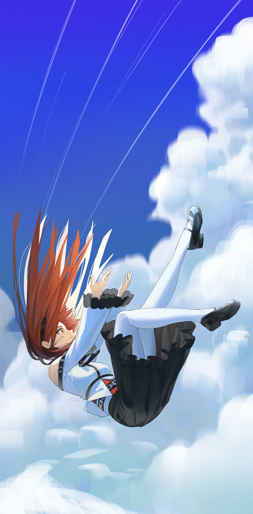 1girl bare_shoulders black_footwear black_skirt blue_sky brown_hair closed_mouth cloud cloudy_sky commentary_request day eris_greyrat falling frilled_skirt frills from_side highres jacket legs_up long_hair long_sleeves looking_away mobu_(wddtfy61) mushoku_tensei outdoors pantyhose pleated_skirt profile red_eyes shoes skirt sky solo white_jacket white_legwear wide_sleeves