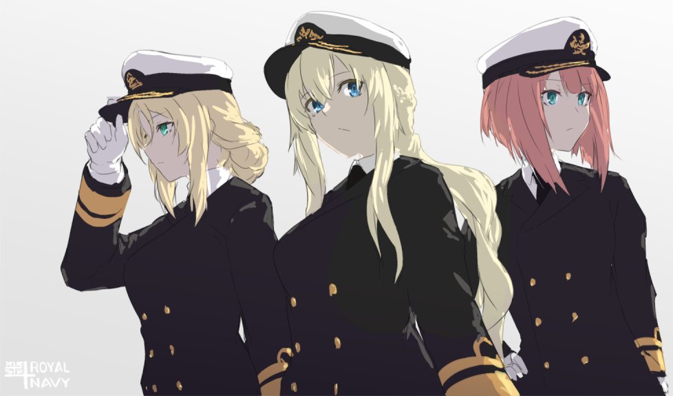 3girls alternate_costume aqua_eyes ark_royal_(kancolle) bangs blue_eyes bob_cut breasts closed_mouth eyebrows_visible_through_hair gloves grey_background hair_between_eyes hand_on hat jacket kantai_collection long_hair long_sleeves military military_uniform multiple_girls nelson_(kancolle) red_hair short_hair sidelocks simple_background tsukira_(amayadori) uniform upper_body warspite_(kancolle) white_gloves