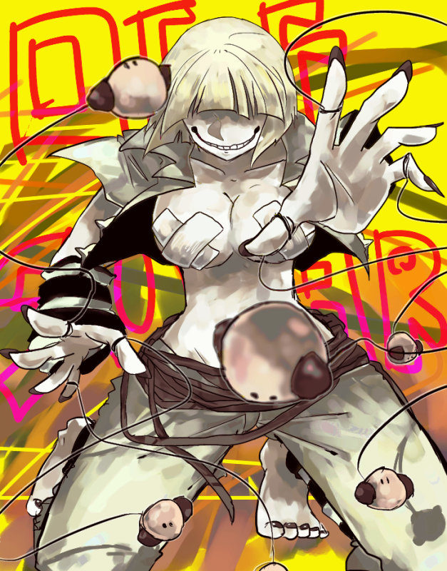 1girl bandaid bandaids_on_nipples barefoot black_nails bob_cut breasts character_name collarbone copyright_name facing_viewer fingernails fuji_den_fujiko grin jacket large_breasts medium_breasts off open_clothes open_jacket open_shirt pasties shirt smile solo sucre_(off) yellow_background