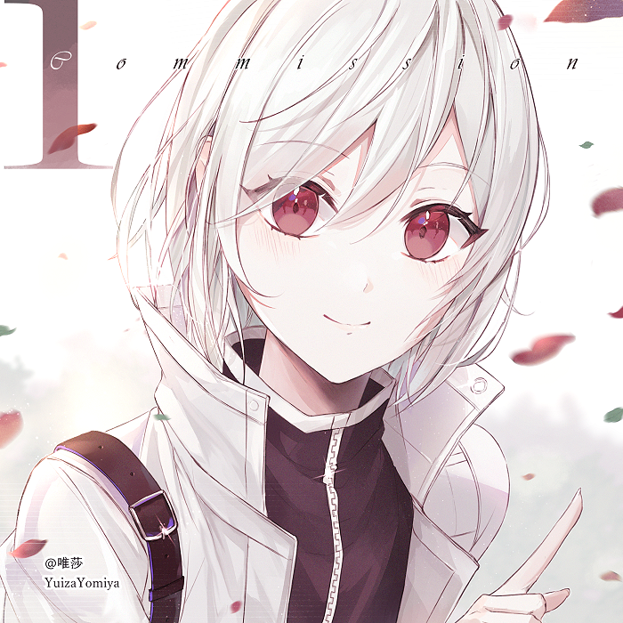 1girl artist_name bangs black_shirt blush closed_mouth commentary_request commission eyebrows_visible_through_hair hair_between_eyes hand_up index_finger_raised jacket looking_at_viewer open_clothes open_jacket original petals red_eyes shirt smile solo white_hair white_jacket yuizayomiya