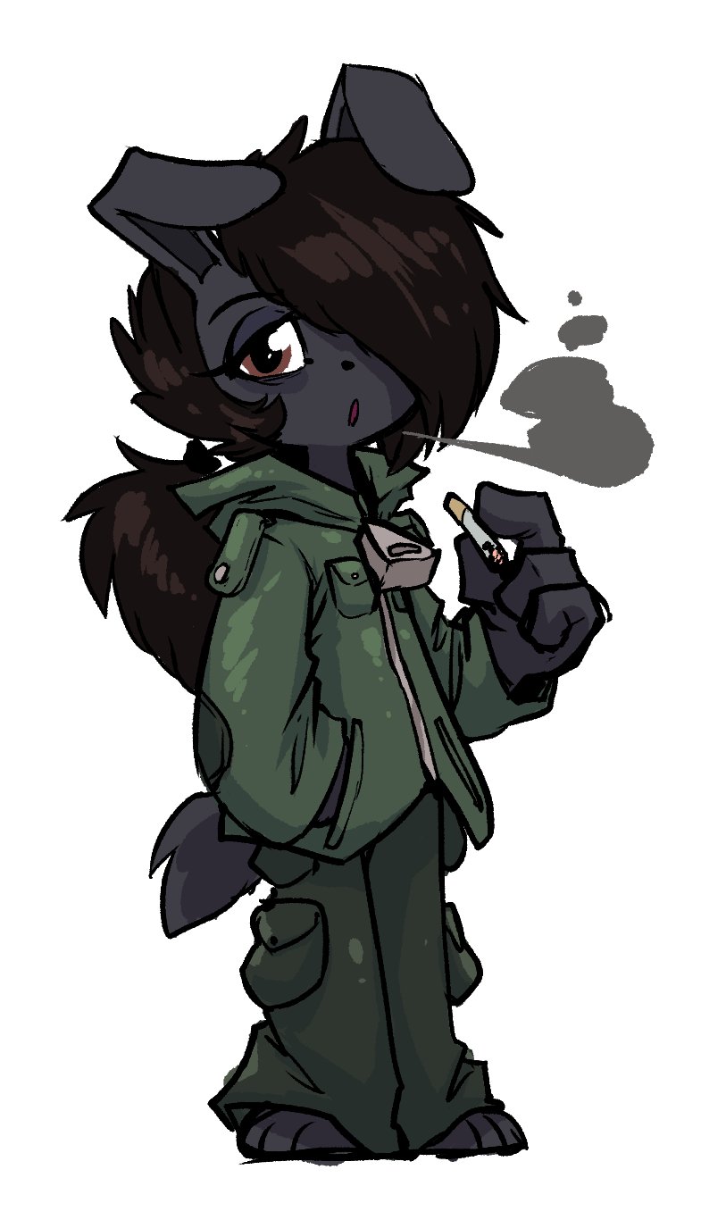 anthro bags_under_eyes black_hair brown_eyes cigarette clothing female hair hair_over_eye hand_in_pocket hi_res jacket lagomorph leporid mammal mcsweezy one_eye_obstructed pockets ponytail rabbit replica_(oc) smoke smoking topwear