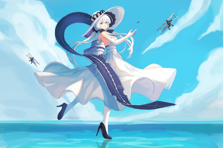1girl aircraft airplane azur_lane backless_dress backless_outfit bare_shoulders biplane black_footwear blue_eyes blue_sky breasts clip_studio_paint_(medium) dress elbow_gloves flight_deck from_behind full_body gloves hat high_heels illustrious_(azur_lane) large_breasts long_dress long_hair looking_at_viewer looking_back peroncho sapphire_(gemstone) shoes sky sleeveless sleeveless_dress solo strapless strapless_dress sun_hat twintails very_long_hair walking walking_on_liquid white_dress white_gloves white_hair white_headwear white_legwear