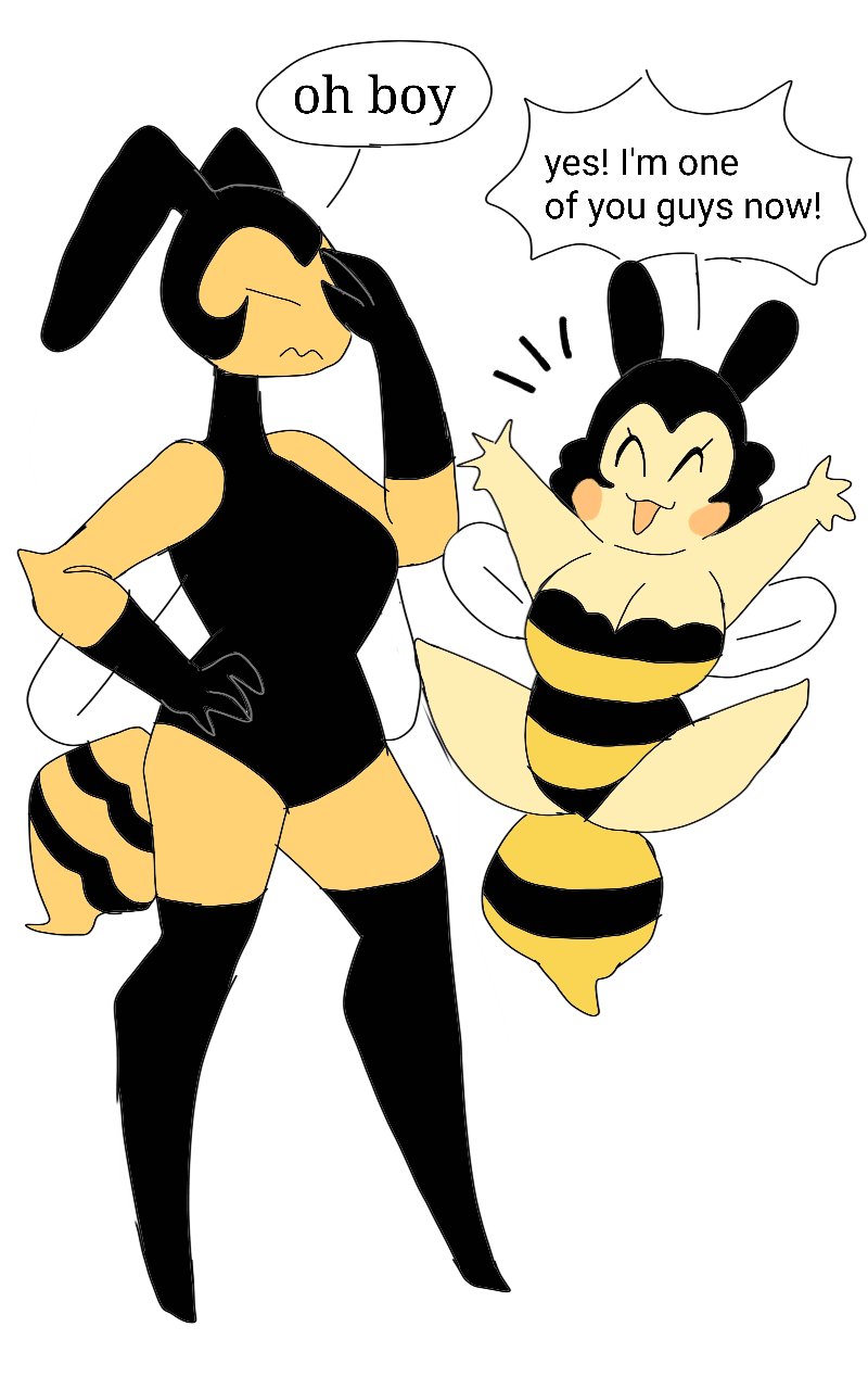 annoyed antennae_(anatomy) anthro arthropod arthropod_abdomen bee big_breasts big_eyes bitty_(puppychan48) black_body black_exoskeleton black_hair blush blush_stickers breasts brown_eyes cleavage clothed clothing dialogue duo embarrassed empty_eyes english_text exoskeleton eyes_closed facepalm female front_view frown gloves hair hand_on_face handwear happy hi_res hymenopteran insect insect_wings jumping larger_anthro larger_female legwear leotard non-mammal_breasts noseless one-piece_swimsuit open_mouth open_smile puppychan48 short_hair short_stack simple_background size_difference smaller_anthro smaller_female smile speech_bubble standing stinger swimwear text thigh_highs three-quarter_view vespa_(puppychan48) wasp wavy_mouth wings yellow_body yellow_exoskeleton