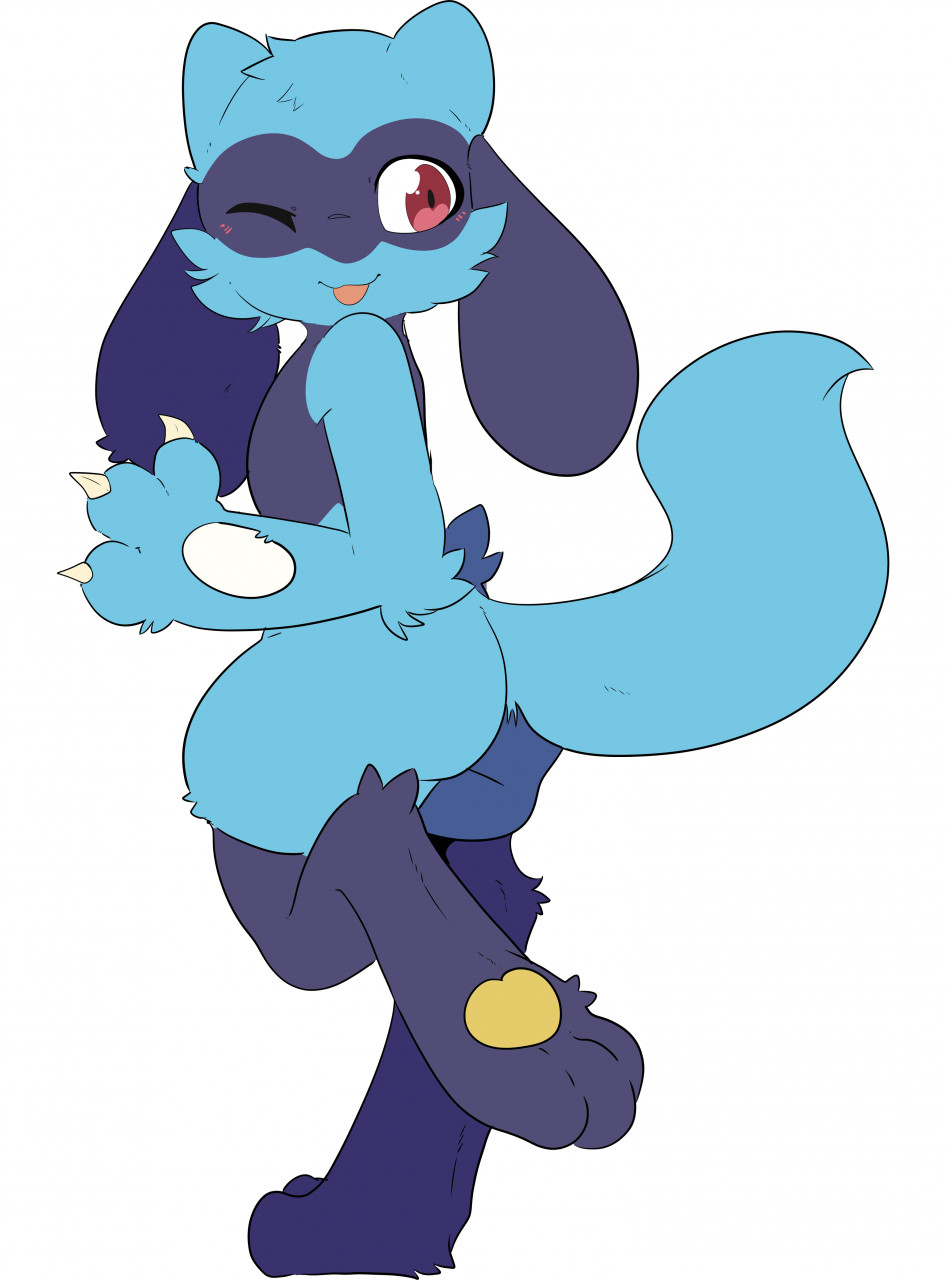3_toes ambiguous_gender anthro arm_tuft blep blue_body blue_fur canid canine cheek_tuft claws elbow_tufts facial_tuft feet fur hi_res luuriolu mammal nintendo on_one_leg one_eye_closed pawpads pok&eacute;mon pok&eacute;mon_(species) red_eyes riolu simple_background solo standing toes tongue tongue_out tuft video_games white_background