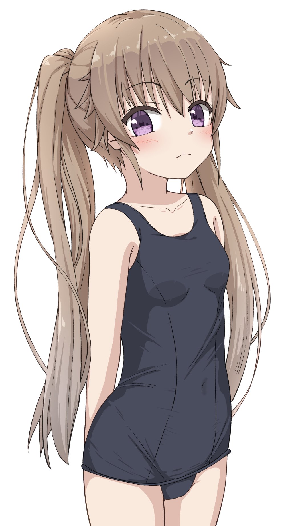 1girl ao_no_kanata_no_four_rhythm arisaka_mashiro bangs bare_arms bare_shoulders black_swimsuit blush breasts brown_hair closed_mouth collarbone commentary_request covered_navel eyebrows_visible_through_hair hair_between_eyes highres hippo_(hirople) long_hair looking_at_viewer old_school_swimsuit purple_eyes school_swimsuit simple_background small_breasts solo standing swimsuit twintails very_long_hair white_background