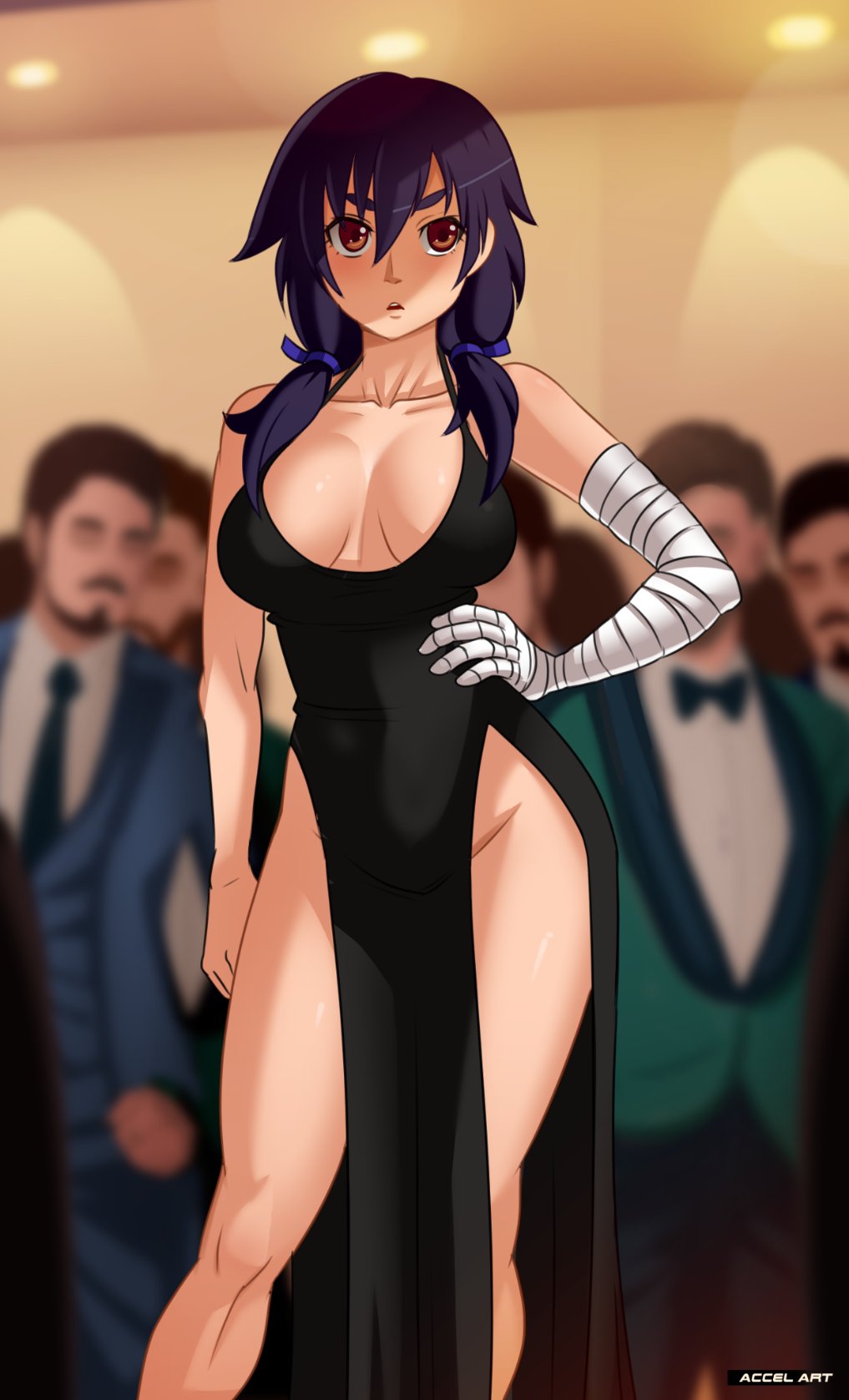 1girl accelart bandaged_arm bandages bangs black_dress blurry blurry_background breasts cleavage collarbone commentary crowd depth_of_field dress english_commentary feet_out_of_frame formal furrowed_eyebrows groin hair_between_eyes hair_over_shoulder hair_ribbon hand_on_hip highres kanbaru_suruga large_breasts light_blush long_bangs long_hair looking_ahead low-cut low-tied_long_hair low_twintails monogatari_(series) multiple_boys no_bra no_panties parted_lips purple_hair purple_ribbon red_eyes reward_available ribbon side_slit sleeveless sleeveless_dress solo_focus standing suit thick_eyebrows twintails