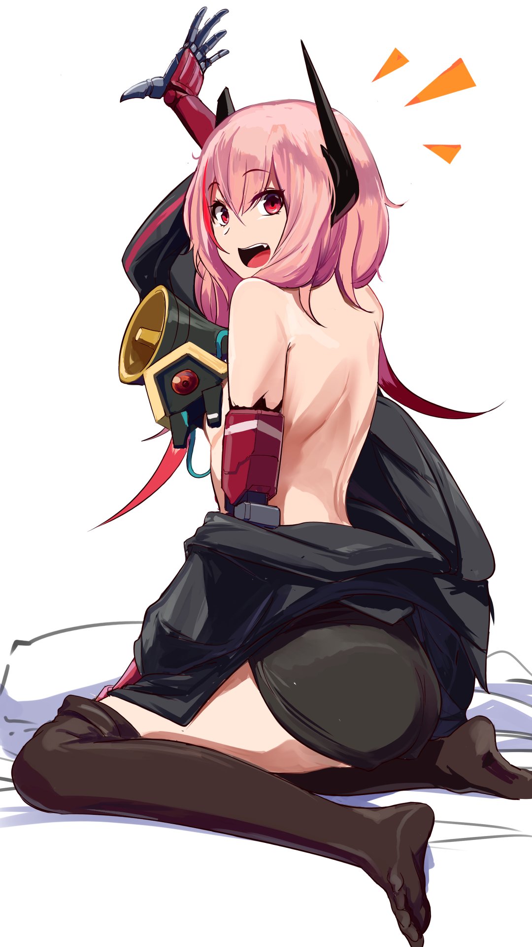 arm_up back banana_(girls_frontline) bare_shoulders breasts fang girls_frontline highres kneeling m4_sopmod_ii_(girls_frontline) mechanical_arms open_mouth partially_undressed pink_hair red_eyes sanderson sideboob small_breasts smile