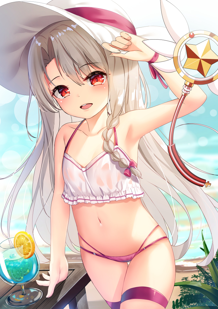 1girl arm_up armpits bare_arms bare_shoulders bikini blue_hawaii collarbone cowboy_shot fate/kaleid_liner_prisma_illya fate_(series) hat illyasviel_von_einzbern long_hair looking_at_viewer mismatched_bikini multi-strapped_bikini navel open_mouth pink_bikini red_eyes silver_hair smile solo standing stomach sun_hat swimsuit thigh_strap thighs tropical_drink very_long_hair white_bikini white_headwear wristband yan_(nicknikg)