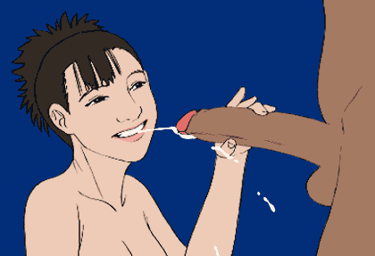 1boy 1girl animated animated_gif black_eyes blue_background brown_hair collarbone cum ears gif handjob kotoe_murasaki lowres nosejob nude open_mouth original penis sex simple_background uncensored what