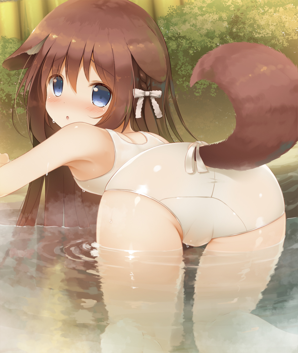 1girl all_fours animal_ear_fluff animal_ears armpits ass azur_lane blue_eyes blush braid brown_hair clothing_cutout commission commissioner_upload dog_ears dog_girl dog_tail from_behind fumizuki_(azur_lane) long_hair looking_at_viewer looking_back one-piece_swimsuit onsen open_mouth partially_submerged pixiv_request psyche3313 ribbon solo steam swimsuit tail tail_cutout thighs water wet wet_clothes wet_swimsuit white_swimsuit