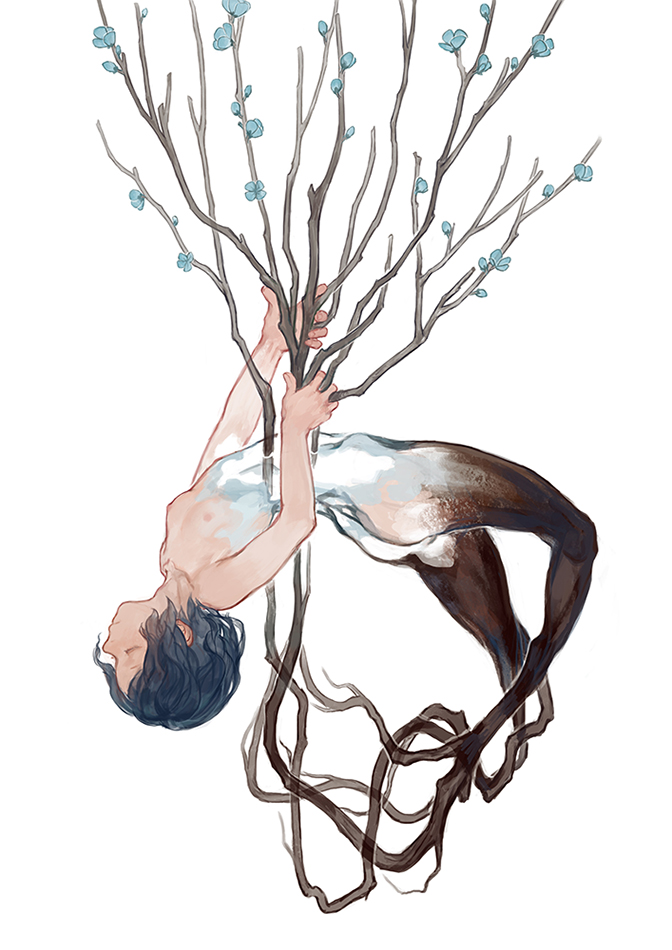 1girl ass bending_backward black_hair bloom breasts closed_eyes closed_mouth collarbone floating flower holding_plant liquid nature neetiska nude original roots short_hair small_breasts stomach surreal thighs transformation transparent_skin tree white_background