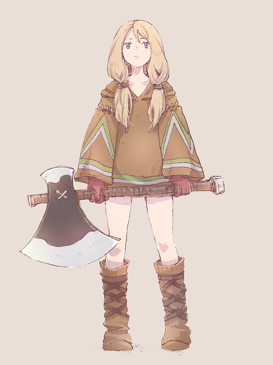 1girl axe battle_axe blonde_hair blue_eyes boots expressionless final_fantasy final_fantasy_tactics from_below geomancer_(fft) gloves highres jitome knee_boots michibata_65 solo tunic twintails weapon