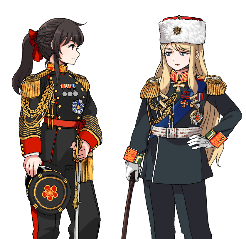 2girls bangs blonde_hair blue_eyes brown_eyes brown_hair closed_mouth english_commentary eyebrows_visible_through_hair gloves hand_on_hip hat holding holding_clothes holding_hat holding_staff holding_sword holding_weapon korean_commentary long_hair looking_at_another medal military military_hat military_uniform multiple_girls open_mouth original ponytail sidelocks simple_background skirt smile staff sword tassel uniform weapon white_background white_gloves yong-gok