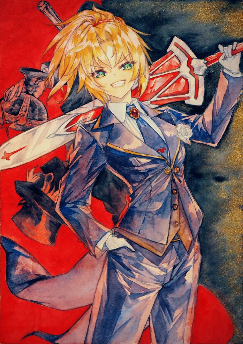 1girl bangs blonde_hair buttons chikinan_tarou clarent_(fate) closed_mouth coattails collared_shirt eyebrows_visible_through_hair fang fate/apocrypha fate/grand_order fate_(series) flower formal gloves gold green_eyes grin hand_in_pocket heroic_spirit_formal_dress highres holy_grail_(fate) jacket long_sleeves looking_at_viewer mordred_(fate) mordred_(fate)_(all) necktie pants ponytail rose shirt short_hair smile solo suit sword sword_behind_back traditional_media watercolor_(medium) weapon white_flower white_gloves white_rose