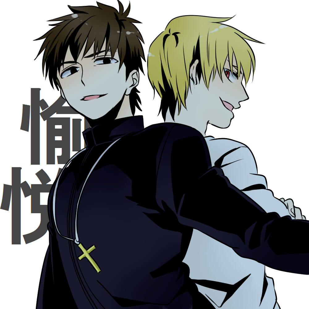 2boys back-to-back blonde_hair brown_eyes brown_hair cassock cross cross_necklace evil_smile fate/zero fate_(series) gilgamesh jewelry kotomine_kirei multiple_boys necklace priest red_eyes ronpaxronpa short_hair smile