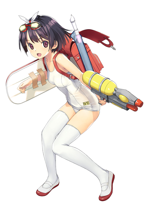 1girl :d backpack bag bangs bare_shoulders black_hair breasts brown_eyes commentary_request eyebrows_visible_through_hair full_body glowing goggles goggles_on_head hair_ribbon holding instrument kickboard koutaro looking_at_viewer old_school_swimsuit one-piece_swimsuit open_mouth original outstretched_arm randoseru recorder ribbon school_swimsuit shoes simple_background small_breasts smile solo standing swimsuit tape thighhighs uwabaki water_gun white_background white_footwear white_legwear white_ribbon white_swimsuit