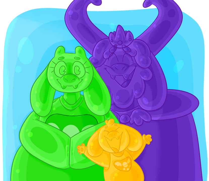 anthro asgore_dreemurr asriel_dreemurr boss_monster bovid caprine delta_rune_(emblem) dessert eyes_closed family_photo female food food_creature gelatin goat goo_creature green_body group horn jell-o jelly_(food) male mammal mantegato pac_man_eyes symbol toriel undertale video_games yellow_body