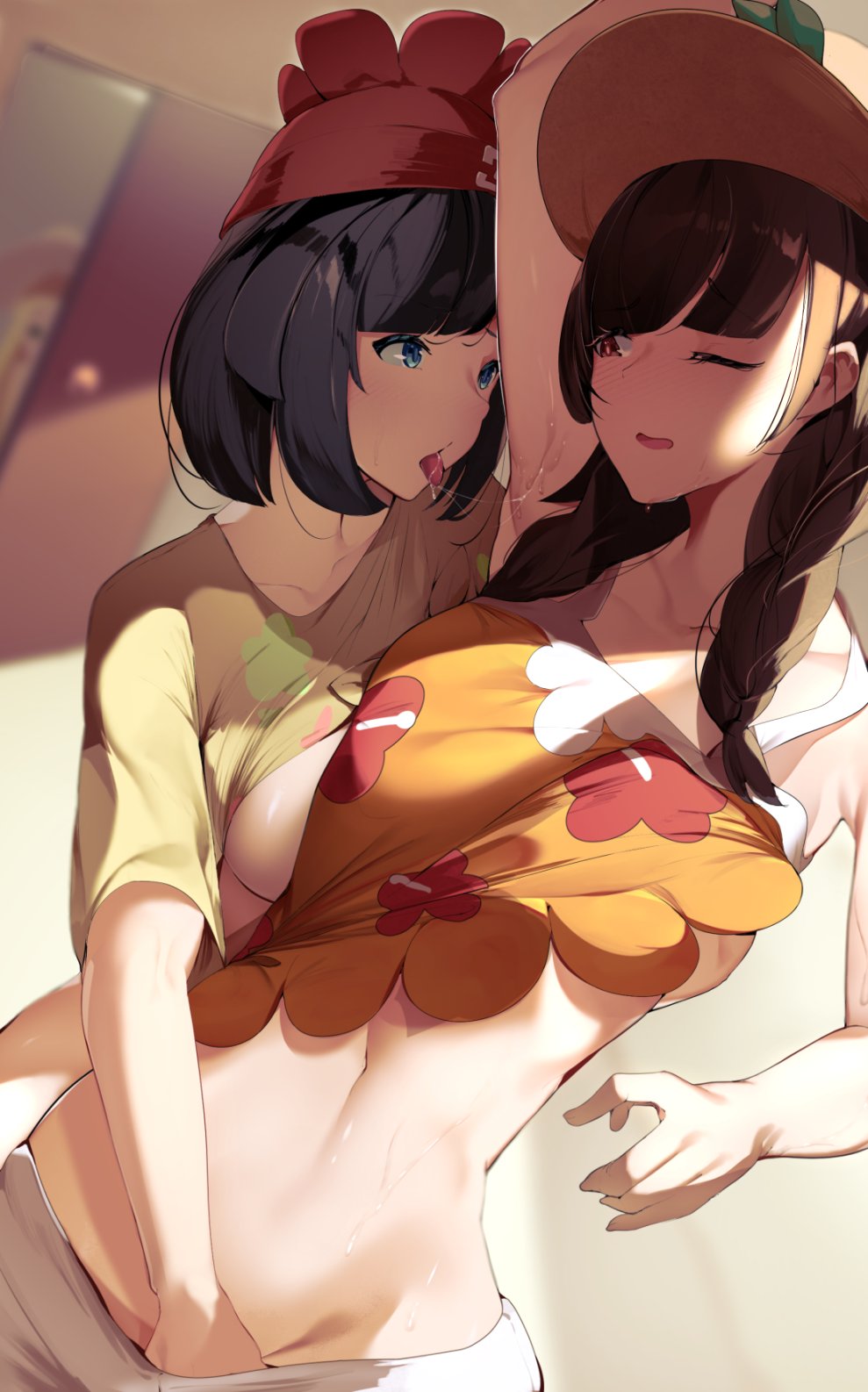 3girls armpit_licking armpits beanie black_hair blue_eyes blush braid breast_grab breasts brown_hair dual_persona floral_print flower_hat grabbing hand_under_clothes hand_under_shorts hat highres implied_fingering indoors licking lifted_by_self lillie_(pokemon) long_hair looking_at_another medium_breasts multiple_girls navel one_eye_closed peeking pokemon pokemon_(game) pokemon_sm pokemon_usum red_eyes saliva saliva_trail selene_(pokemon) selfcest shirt short_hair shorts sleeveless sleeveless_shirt sun_hat sunlight sweat symbol_commentary t-shirt tongue tongue_out when_you_see_it yuri yuuyuu_(yuuki1771)