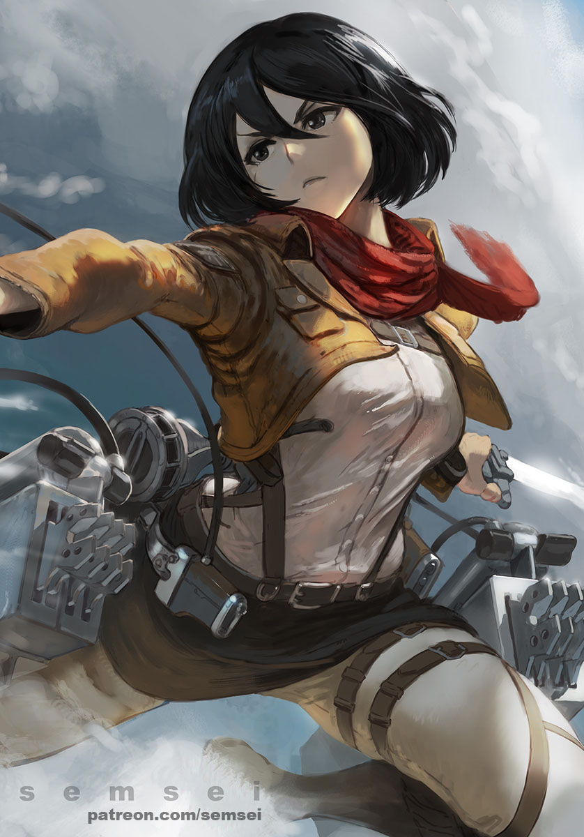 1girl artist_name bangs belt black_eyes black_hair bob_cut boots cloud commentary cropped_jacket david_semsei english_commentary fighting frown furrowed_eyebrows grey_pants hair_between_eyes highres holding holding_weapon jacket long_bangs looking_to_the_side mikasa_ackerman mixed-language_commentary pants paradis_military_uniform patreon_username red_neckwear red_scarf scar scar_on_cheek scar_on_face scarf shingeki_no_kyojin shirt short_hair sky solo sword thigh_boots thigh_strap thighhighs three-dimensional_maneuver_gear watermark weapon web_address white_shirt