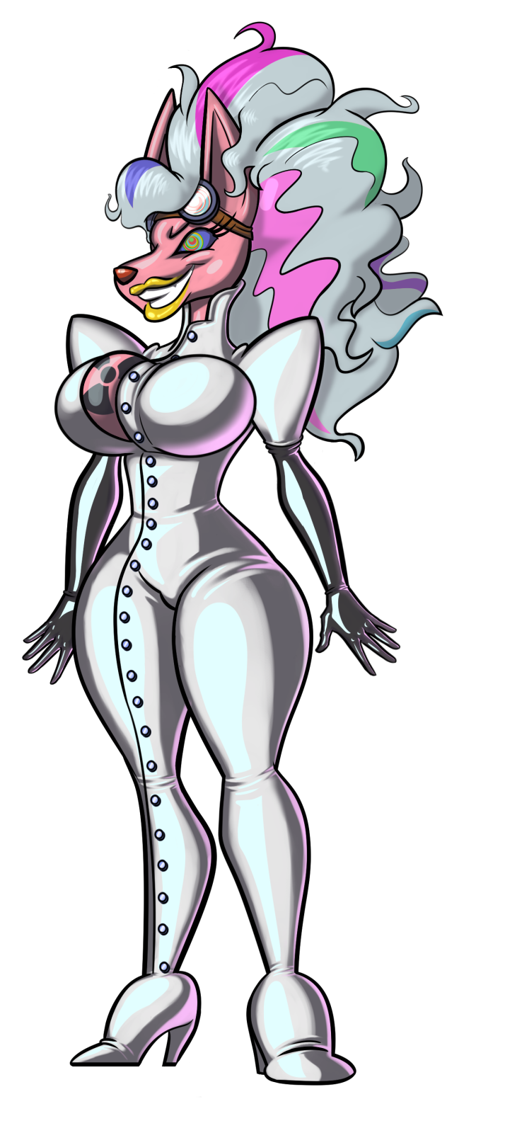 2021 alpha_channel anubian_jackal big_breasts boots breasts canid canine canis clothing female footwear gloves hair handwear hi_res high_heeled_boots high_heels jackal jumpsuit mammal multicolored_hair nuclear_symbol pink_body rubber skinsuit solo spiral_eyes symbol tight_clothing toonvasion villainous white_hair wide_hips