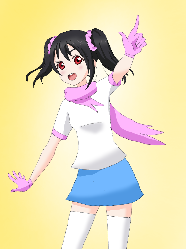 1girl black_hair blue_skirt cosplay gloves jimmy09 love_live! love_live!_school_idol_project miniskirt papyrus_(undertale) papyrus_(undertale)_(cosplay) pink_gloves pink_scarf red_eyes scarf self_upload shirt skirt undertale white_legwear white_shirt yazawa_nico