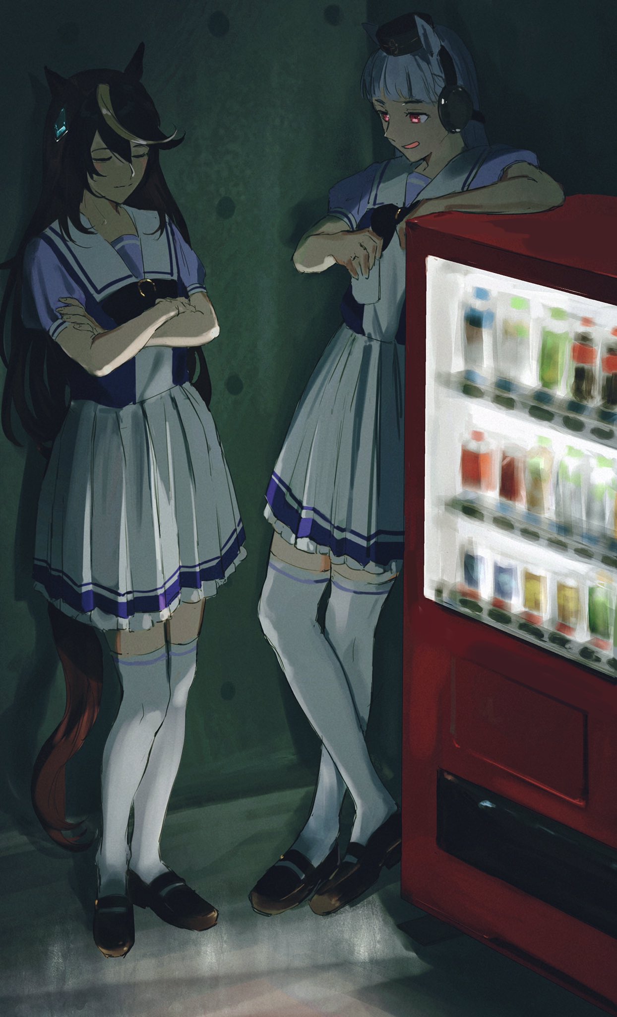 2girls animal_ears closed_eyes closed_mouth crossed_arms cup disposable_cup gold_ship_(umamusume) hair_between_eyes hataya highres holding holding_cup horse_ears horse_girl horse_tail long_hair multiple_girls open_mouth red_eyes school_uniform smile soft_drink standing tail tokai_teio_(umamusume) tracen_school_uniform umamusume vending_machine