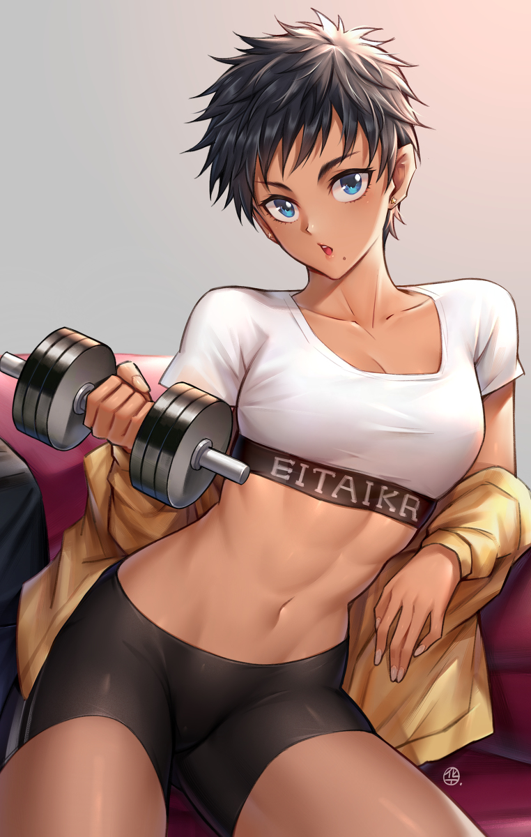 1girl bangs bike_shorts black_hair black_shorts blue_eyes blush breasts clothes_writing collarbone cowboy_shot crop_top earrings fingernails groin hand_up highres holding hua-j jacket jacket_pull jewelry looking_at_viewer medium_breasts midriff mole mole_under_mouth navel one-punch_man open_clothes open_jacket open_mouth sbs shirt short_hair short_sleeves shorts sitting solo spiked_hair star_(symbol) star_earrings stud_earrings suiko_(one-punch_man) toned very_short_hair weightlifting weights white_shirt yellow_jacket