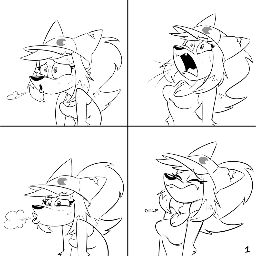 1:1 2020 anthro baseball_cap bodily_fluids breasts breath canid canine canis cleavage clothed clothing comic female ginger_(hotbrotkuroi) hat headgear headwear hotbrotcafe kuroi_wolf line_art mammal monochrome nervous solo sweat wolf
