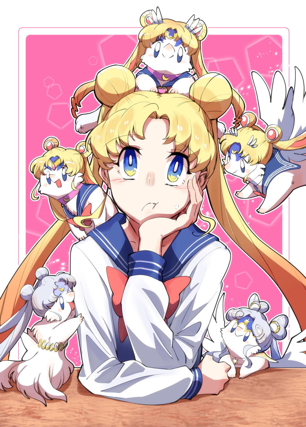 animalization back_bow bishoujo_senshi_sailor_moon blonde_hair blue_eyes blue_sailor_collar bow choker crescent_facial_mark double_bun eternal_sailor_moon furry heart heart_choker highres multiple_persona neo_queen_serenity princess_serenity red_choker sailor_collar sailor_moon sailor_senshi sailor_senshi_uniform silver_hair takatsuki_nato tsukino_usagi twintails