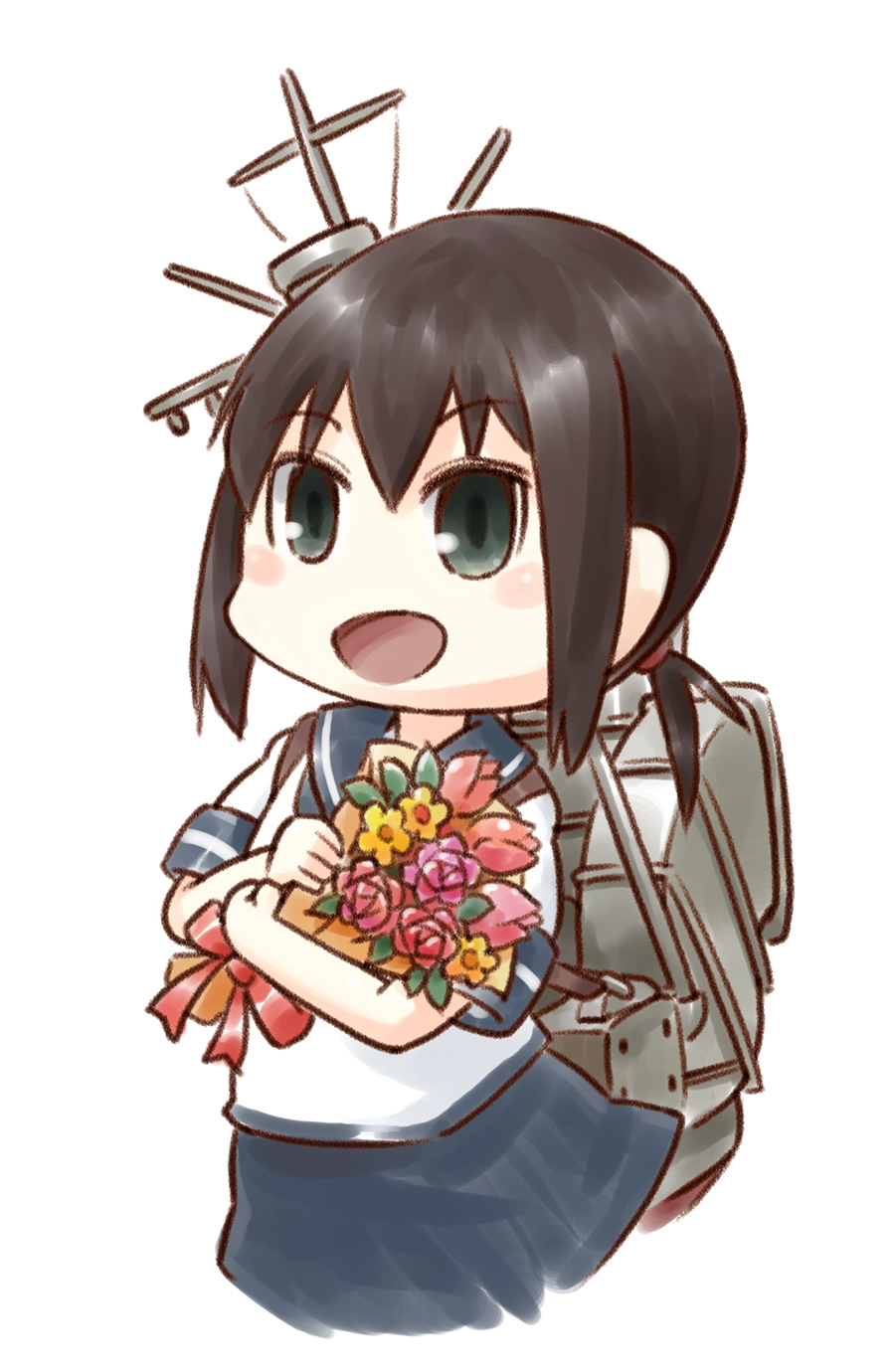 1girl black_eyes black_hair blue_sailor_collar blue_skirt bouquet chibi commentary_request flower fubuki_(kancolle) highres kantai_collection karasu_(naoshow357) low_ponytail machinery ponytail sailor_collar short_ponytail sidelocks simple_background skirt smokestack solo white_background