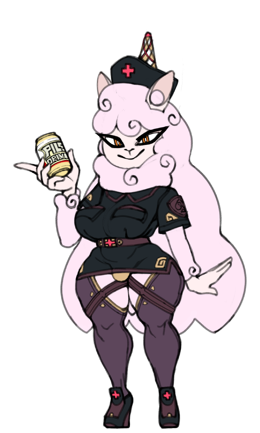 3:5 alcohol alpaca alpha_channel anthro beer beverage beverage_can big_breasts breasts bulge camelid clothing english_text herm hi_res high_heels intersex legwear looking_at_viewer mammal marthedog smile solo squish stockings text thigh_squish thigh_strap