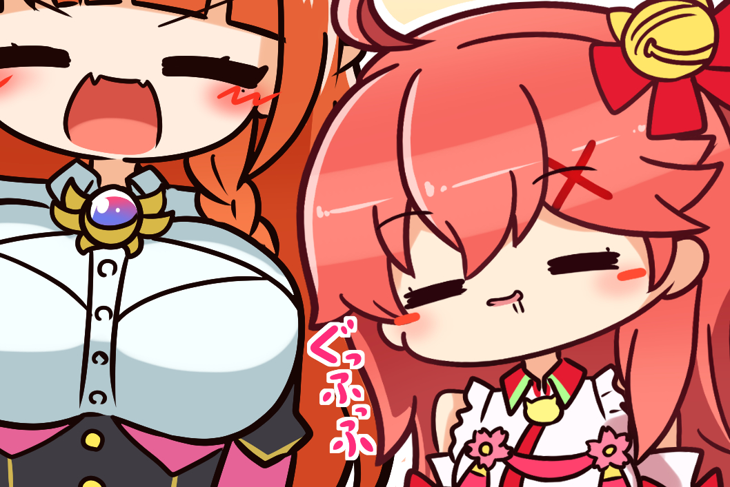 2girls ahoge asimo953 bangs bell blunt_bangs blush_stickers breasts closed_eyes drooling fangs female_pervert hair_bell hair_ornament hair_ribbon height_difference hololive huge_breasts jingle_bell kiryu_coco medium_breasts multiple_girls nontraditional_miko one_side_up open_mouth orange_hair pervert pink_hair ribbon sakura_miko skin_fangs smile virtual_youtuber x_hair_ornament yuri