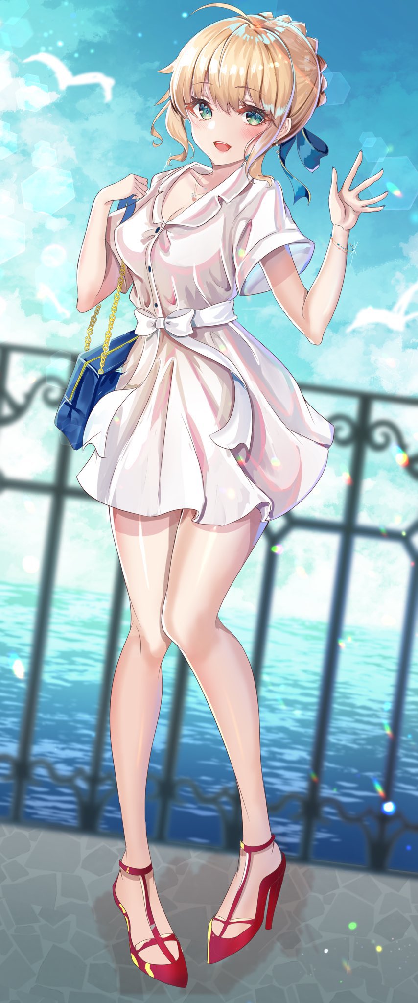 1girl ahoge artoria_pendragon_(all) bag bare_legs bird blonde_hair blue_eyes blue_sky blurry blurry_background blush bracelet braid breasts character_request chiachun0621 chromatic_aberration cleavage collarbone commentary_request copyright_request dress eyebrows_visible_through_hair fate/stay_night fate_(series) french_braid full_body hair_ribbon hand_up high_heels highres jewelry knees_together_feet_apart legs lens_flare medium_breasts medium_hair open_mouth railing red_footwear ribbon saber seagull shadow shiny shiny_hair short_dress short_sleeves shoulder_bag sidelocks sky solo water waving white_dress