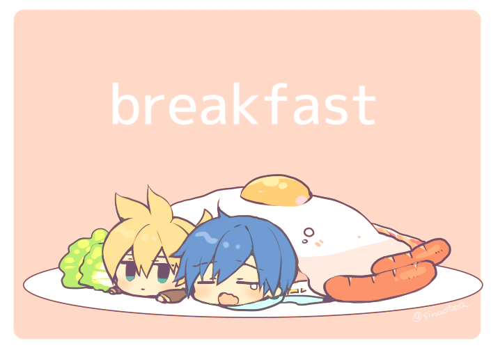 2boys =_= bacon black_sleeves blonde_hair blue_hair blue_scarf border chibi commentary english_text eyebrows_visible_through_hair food fried_egg green_eyes in_food kagamine_len kaito lettuce male_focus multiple_boys open_mouth pink_background plate sausage scarf short_hair simple_background sinaooo single_tear spiked_hair symbol_commentary unamused upper_body vocaloid yawning