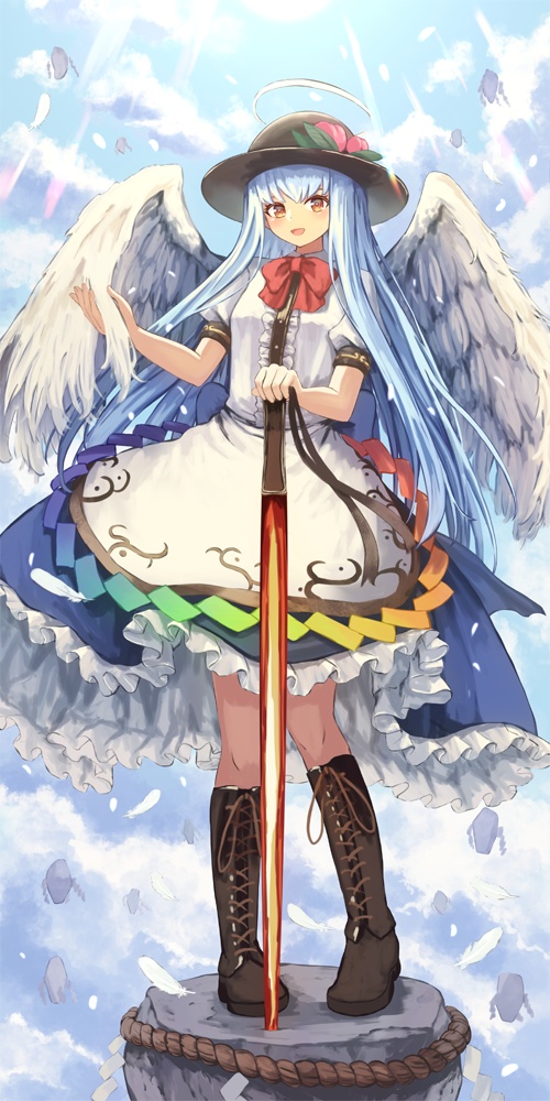 1girl :d angel_wings bangs black_headwear blue_hair blue_skirt blush boots bow bowtie breasts brown_footwear center_frills cloud cloudy_sky commentary_request day eyebrows_behind_hair floating_island frills full_body hat hinanawi_tenshi knee_boots light_rays long_hair looking_at_viewer ookashippo open_mouth outdoors petticoat planted_sword planted_weapon puffy_short_sleeves puffy_sleeves red_bow red_eyes red_neckwear shirt short_sleeves skirt sky small_breasts smile solo standing sunlight sword sword_of_hisou touhou very_long_hair weapon white_shirt wings