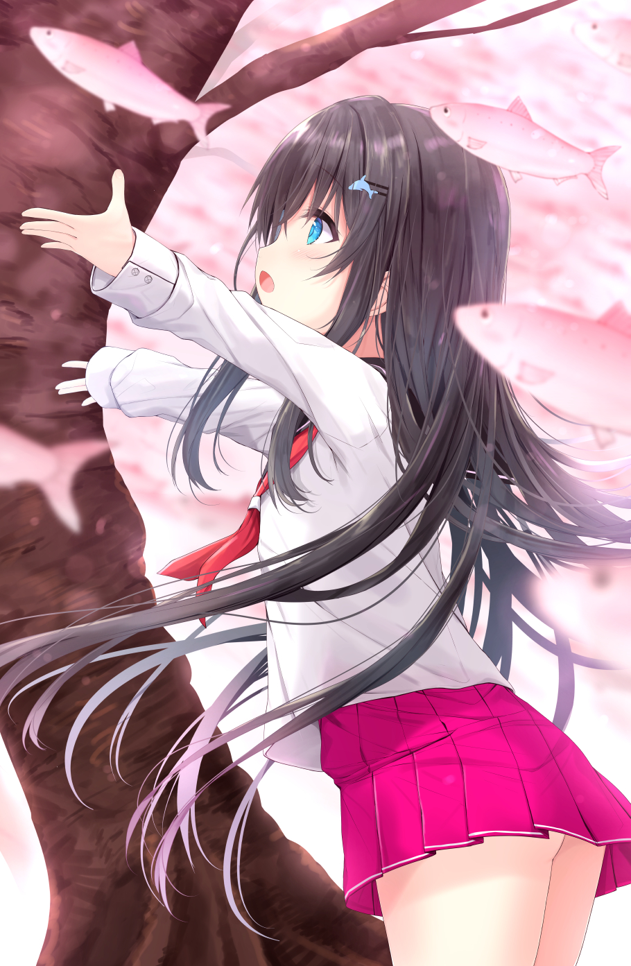 1girl animal bangs black_hair black_sailor_collar blue_eyes blush commentary_request dolphin_hair_ornament eyebrows_visible_through_hair fish flying_fish from_side hair_between_eyes hair_ornament hairclip highres kouda_suzu long_hair long_sleeves neckerchief open_mouth original outstretched_arms pink_skirt pleated_skirt red_neckwear sailor_collar school_uniform serafuku shirt skirt sleeves_past_wrists solo tree very_long_hair white_shirt