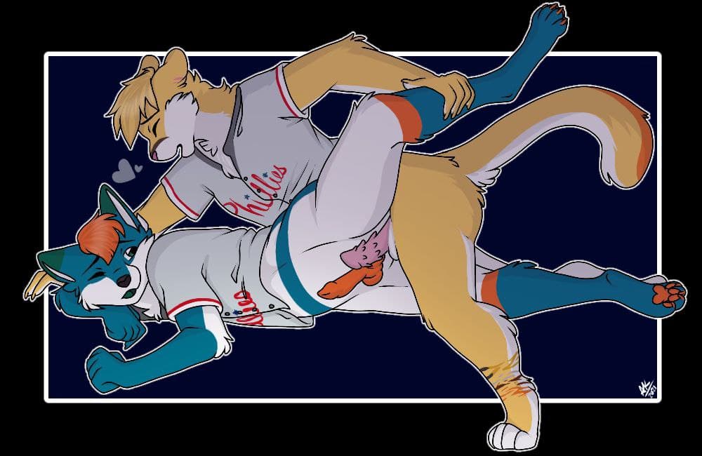 anatomically_correct anatomically_correct_genitalia anatomically_correct_penis animal_genitalia animal_penis anthro atticus baseball_uniform bottomless breath canid canine canis clothed clothing cougar domestic_dog duo erection eyes_closed felid feline frottage fur genitals hand_on_leg husky jersey knot male male/male male_penetrated male_penetrating male_penetrating_male mammal nordic_sled_dog open_mouth panting penetration penile_spines penis riley_winters sex simple_background spitz sport sportswear uniform
