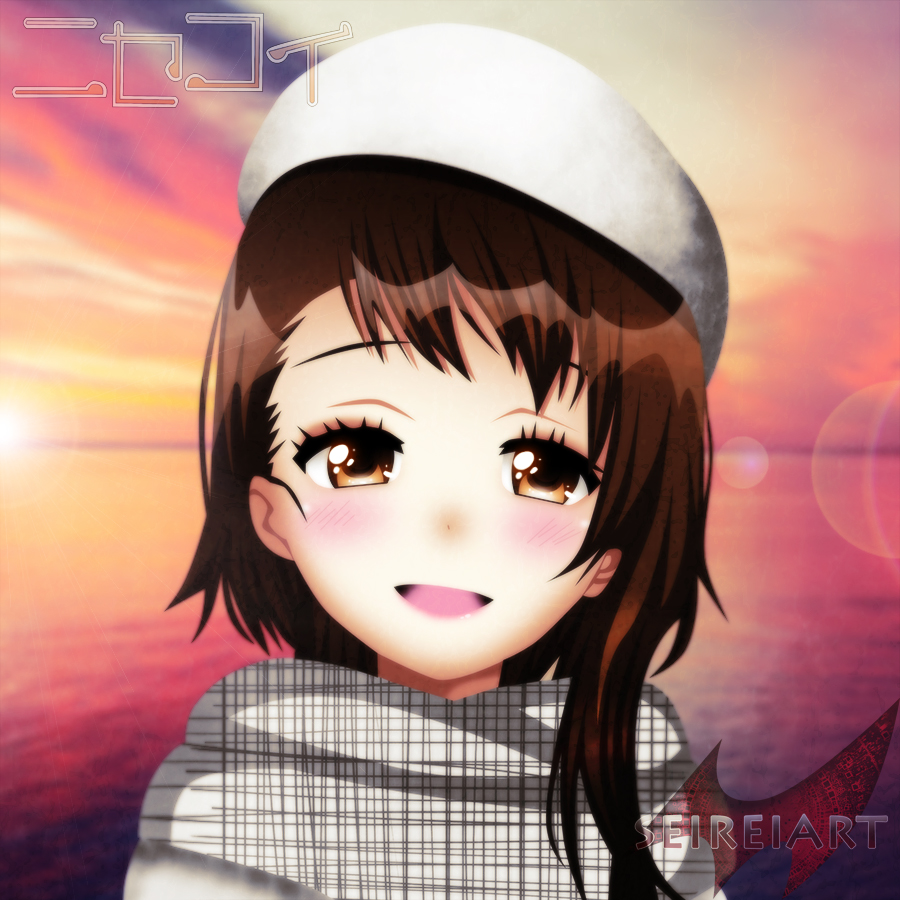 artist_name beret blush brown_eyes brown_hair cloud cloudy_sky dawn hat medium_hair multicolored multicolored_sky nisekoi onodera_kosaki open_mouth pink_water scarf seireiart shirt sky tied_hair white_scarf white_shirt