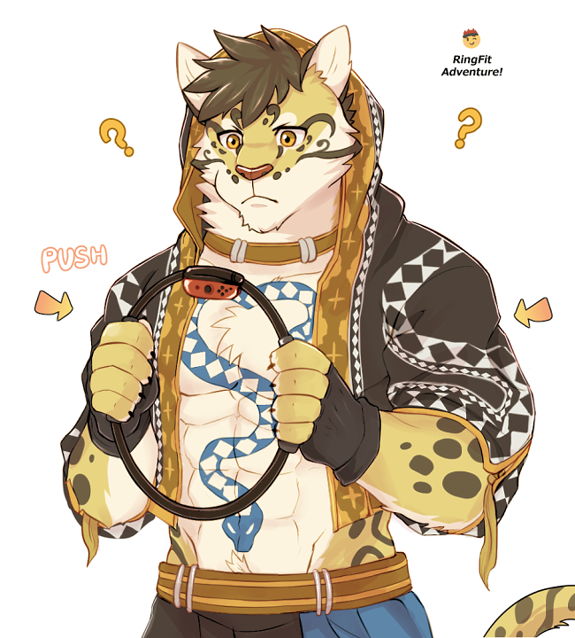 1boy ? animal_ears animal_print arrow_(symbol) bara brown_hair character_request commentary diamond_(shape) fingerless_gloves furry furry_male gloves holding hood hoodie joy-con leopard_boy leopard_ears leopard_print leopard_tail male_focus nekojishi orange_eyes pectoral_cleavage pectorals ring_fit_adventure snake_tattoo solo spots symbol-only_commentary tail tattoo tora_d zipper