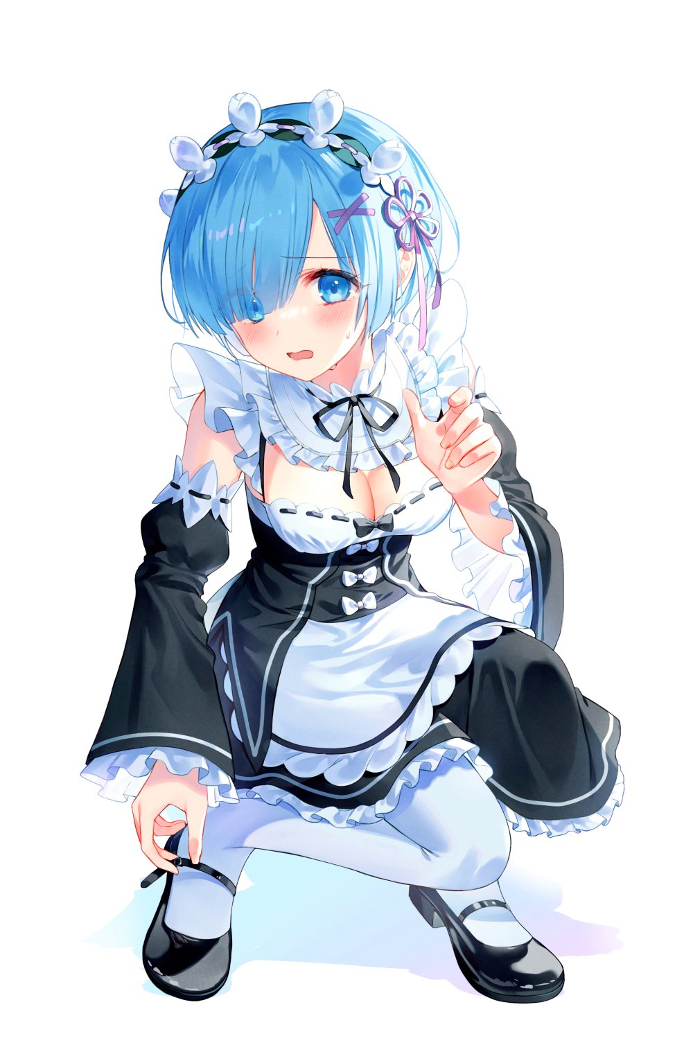 1girl adjusting_footwear apron bangs black_dress black_footwear blue_eyes blue_hair blush breasts cleavage commentary_request detached_sleeves dress eyebrows_visible_through_hair eyes_visible_through_hair frilled_dress frilled_sleeves frills hairband highres kh_(kh_1128) long_sleeves looking_at_viewer maid mary_janes medium_breasts open_mouth re:zero_kara_hajimeru_isekai_seikatsu rem_(re:zero) shoes short_hair solo squatting waist_apron white_apron white_legwear wide_sleeves