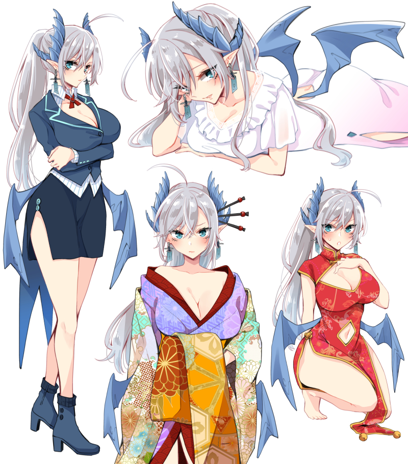 1girl asazuki_norito bare_shoulders barefoot blue_eyes blush breasts business_suit character_sheet china_dress chinese_clothes cleavage cleavage_cutout closed_mouth clothing_cutout collarbone dragon_girl dress expressions formal horns japanese_clothes kimono large_breasts layered_clothing layered_kimono long_hair low_wings multiple_views navel navel_cutout obi off-shoulder_kimono office_lady open_mouth original pelvic_curtain pencil_skirt pointy_ears ponytail sash silver_hair simple_background skirt skirt_suit standing suit wide_sleeves wings yukata