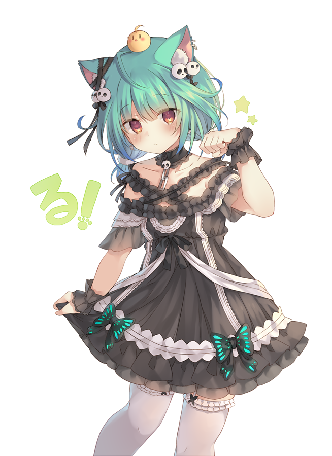 1girl animal_ear_fluff animal_ears bangs bare_shoulders black_dress blush cat_ears chain closed_mouth collarbone dress ear_piercing eyebrows_visible_through_hair frilled_dress frilled_legwear frills garter_straps green_hair hair_between_eyes hand_up hololive long_hair looking_at_viewer low_twintails off-shoulder_dress off_shoulder piercing red_eyes rento_(rukeai) short_twintails simple_background skirt_hold solo star_(symbol) thighhighs twintails uruha_rushia virtual_youtuber white_background white_legwear wrist_cuffs