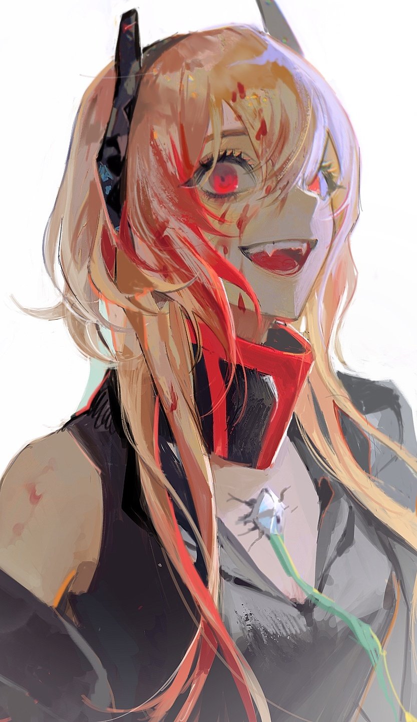 1girl bangs blonde_hair blood blood_on_face fangs girls_frontline grin hair_between_eyes headgear highres kny- long_hair m4_sopmod_ii_(girls_frontline) mod3_(girls_frontline) multicolored_hair open_mouth red_eyes red_hair smile solo streaked_hair upper_body