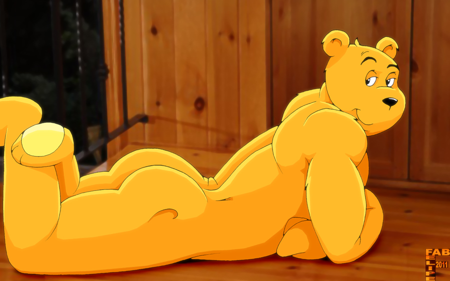 2011 anthro butt fabfelipe fur looking_at_viewer lying male mammal nude on_front side_view smile solo superted superted_(character) ursid yellow_body yellow_fur