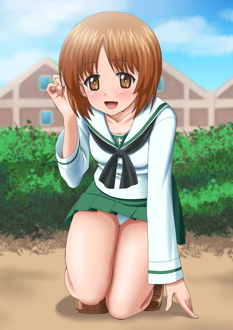 1girl :d bangs black_neckwear blue_sky blurry blurry_background blush brown_eyes brown_footwear brown_hair cloud collarbone collared_shirt day eyebrows_visible_through_hair girls_und_panzer green_skirt kneeling loafers long_sleeves miniskirt nishizumi_miho ooarai_school_uniform open_mouth outdoors panties pleated_skirt sailor_collar sailor_shirt school_uniform shiny shiny_hair shirt shoes short_hair skirt sky smile solo t_k underwear white_panties white_sailor_collar white_shirt