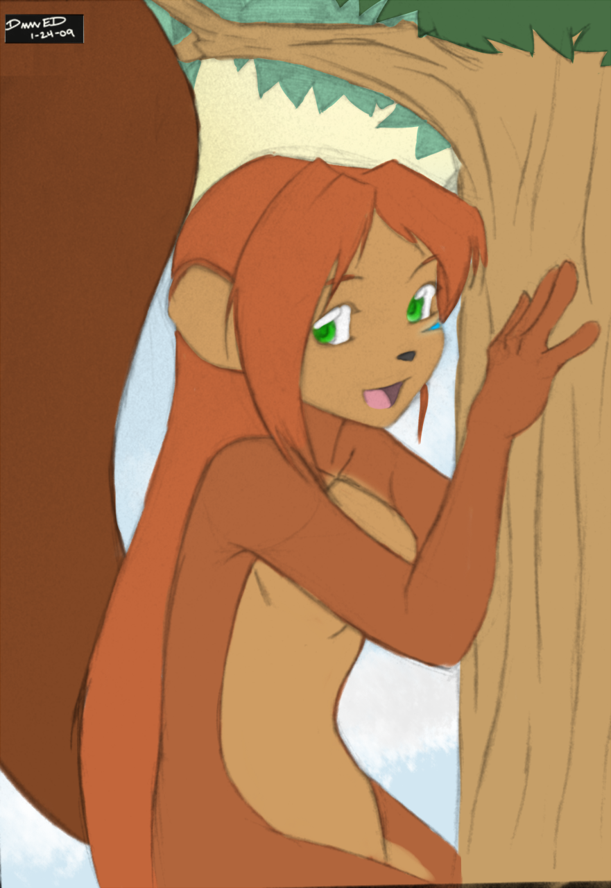 anthro damnevildog female green_eyes hair hi_res jessica_raiden kamperkiller_(artist) mammal outside plant red_hair rodent sciurid solo tattoo tree