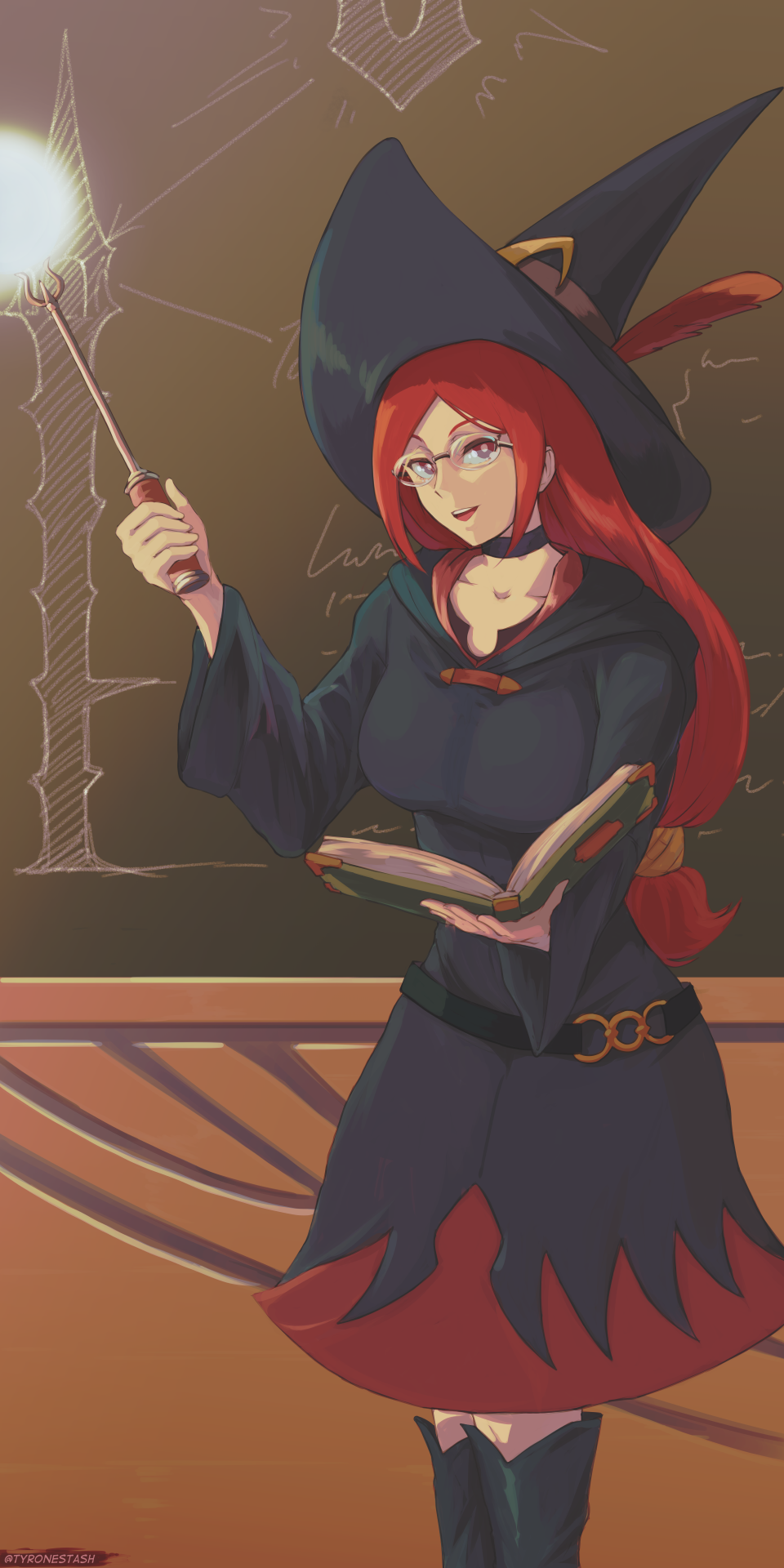 1girl belt black_footwear book boots breasts chalkboard commentary dress english_commentary feet_out_of_frame glasses hair_tubes hat hat_feather hat_ornament highres holding holding_book light little_witch_academia long_hair looking_at_viewer medium_breasts open_book open_mouth red_eyes red_hair shiny_chariot smile solo spoilers teacher twitter_username tyrone ursula_charistes wand watermark wide_sleeves witch witch_hat