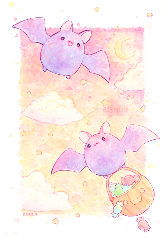 :3 :d animal animal_focus artist_name bat bisquii candy chibi cloud crescent_moon fangs flying food glowing halloween halloween_bucket marshmallow moon no_humans open_mouth original painting_(medium) pumpkin smile squash star_(symbol) traditional_media watercolor_(medium)