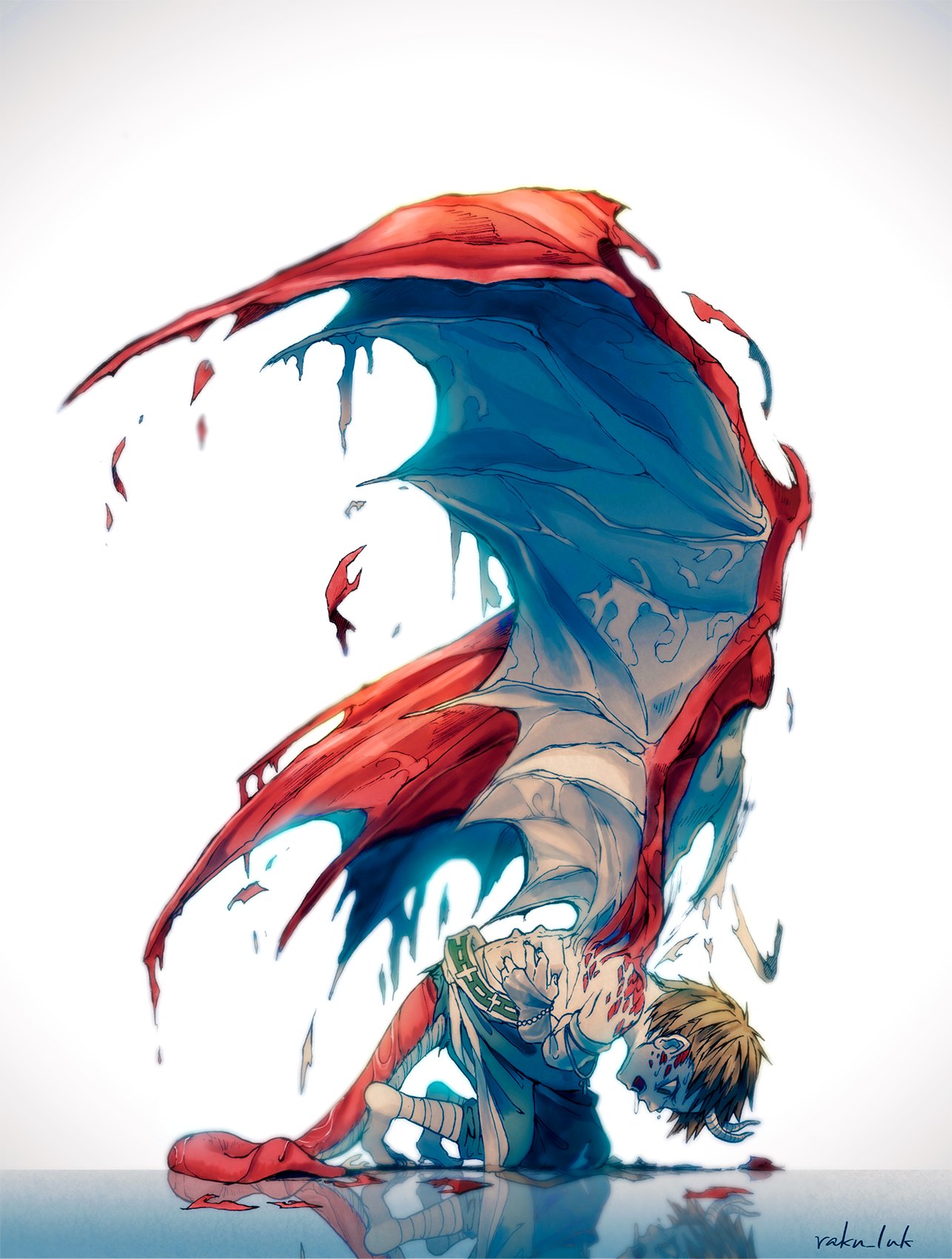 ambiguous_gender anthro bent_over blonde_hair bodily_fluids dorsal_ridge dragon drooling growth hair hi_res horn human kneeling long_tail mammal membrane_(anatomy) membranous_wings open_mouth pained_expression red_body red_scales red_wings reflection sakai_raku saliva scale_growth scales scalie shaded short_hair signature simple_background solo species_transformation sweat transformation white_background wing_growth wings