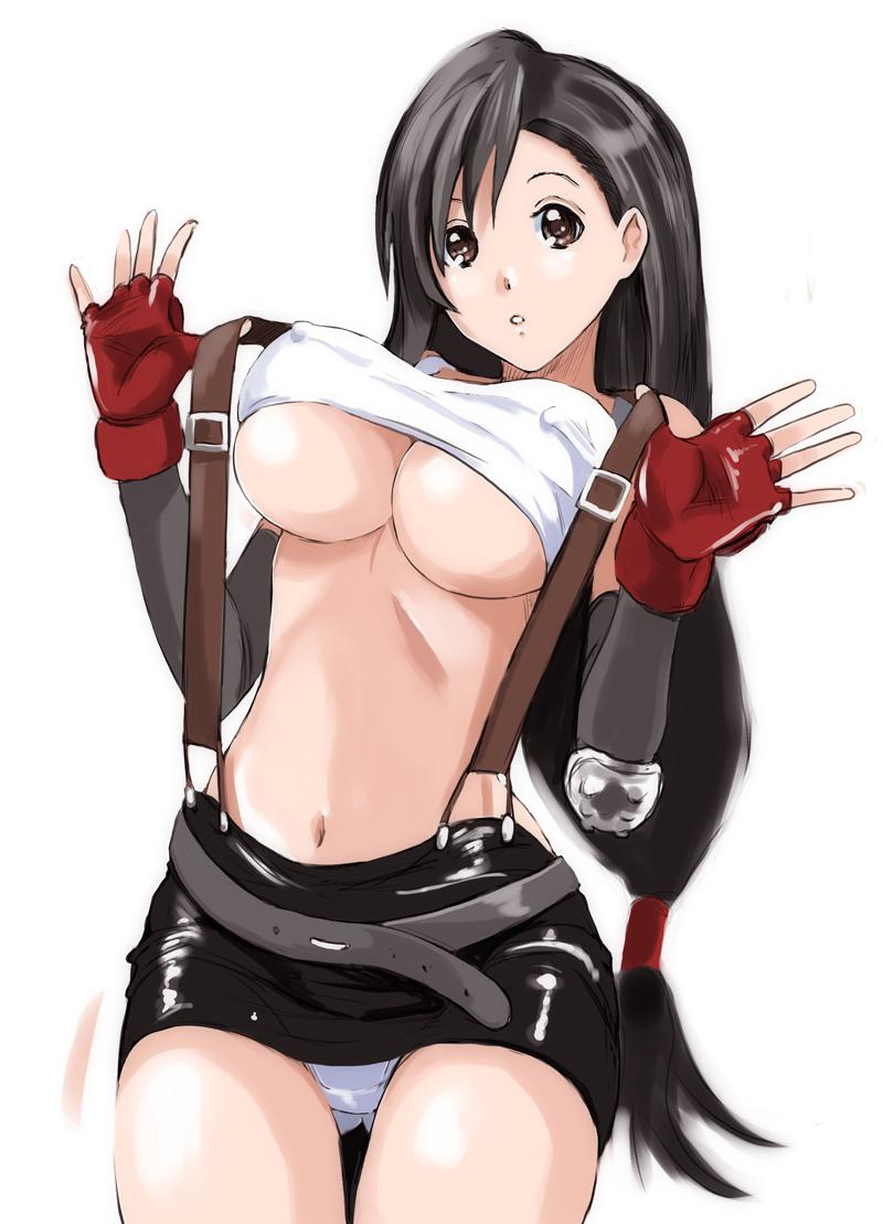 1girl bangs black_skirt breasts brown_eyes brown_hair covered_nipples cowboy_shot crop_top detached_sleeves final_fantasy final_fantasy_vii fingerless_gloves gloves grey_sleeves hair_between_eyes large_breasts long_hair long_sleeves looking_at_viewer low-tied_long_hair miniskirt navel panties parted_lips red_gloves ryouzou shiny shiny_clothes shiny_hair shorts simple_background skirt solo standing suspender_skirt suspenders thigh_gap tifa_lockhart underboob underwear very_long_hair white_background white_panties
